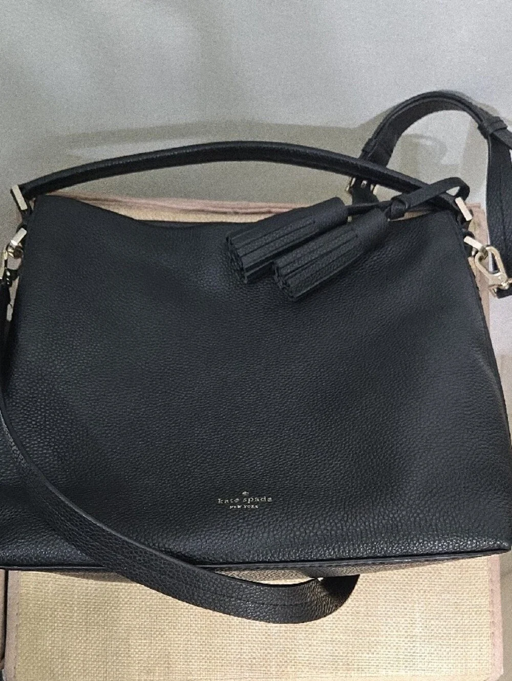 kate spade Black Pebbled Leather Hobo Shoulder Bag with Tassel